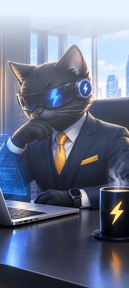 ZIPCAT sitting at a laptop in a bright city office