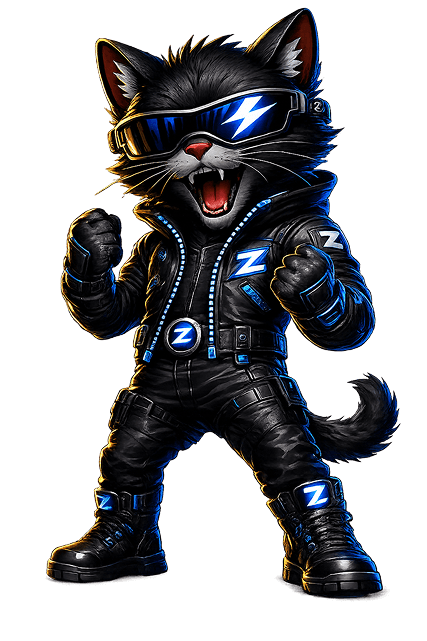 ZIPCAT mascot in a black jacket and blue visor